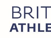 British Athletics Logo shows text in blue, with shield to the left showing people running, jumping and throwing.