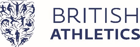 British Athletics Logo shows text in blue, with shield to the left showing people running, jumping and throwing.