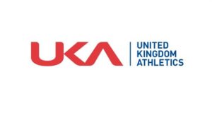 UKA logo is red capital letters on a white background, with navy blue text, all capitals, to the right of the UKA, reading UNITED KINGDOM ATHLETICS