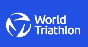 World Triathlon logo is white text on a blue background