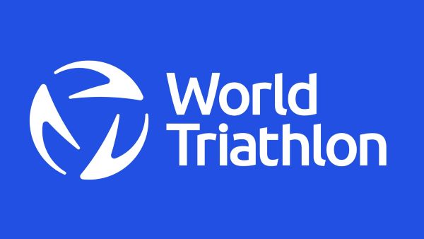 World Triathlon logo is white text on a blue background