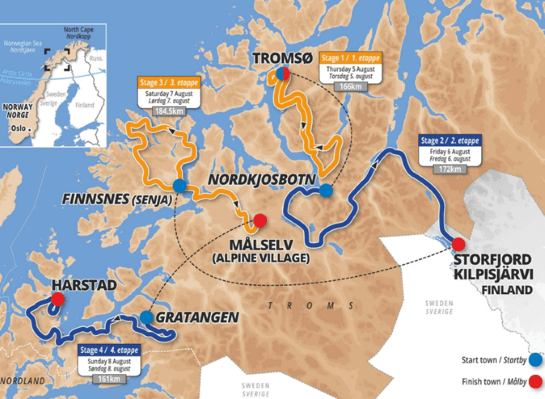 Map showing the route of the Arctic Race of Norway 2021