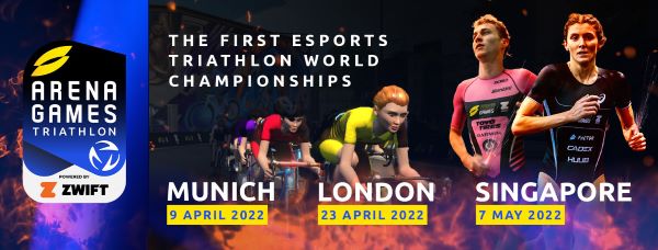 Image shows some triathletes cycling and running, and have text overlaid which says 