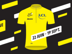 Yellow jersey printed on a poster, containing the words Le Tour, L'Expo, Maillot Jaune, 22 Juin - 19 Sept