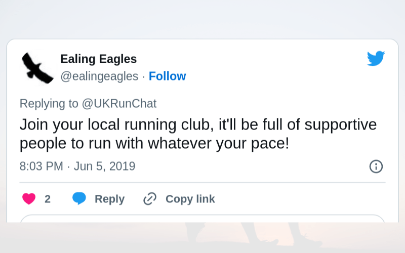 tweet advising new runners to join a running club for support 