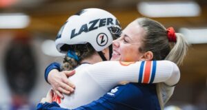 Kaarle McCulloch celebrating with Emma Finucane after winning Silver in the Women’s Keirin final - 2023 UEC Track Elite European Championships.