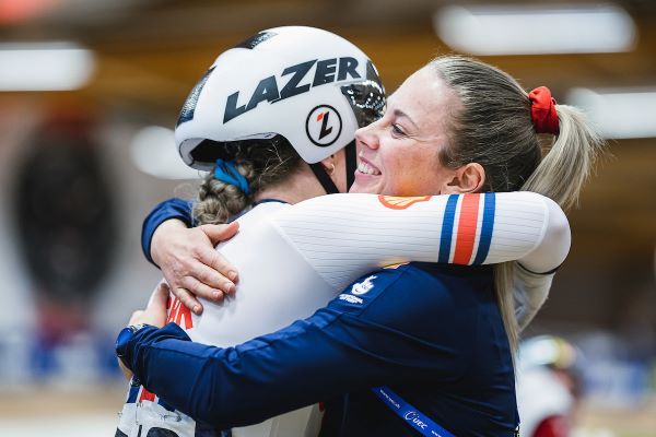 Kaarle McCulloch celebrating with Emma Finucane after winning Silver in the Women’s Keirin final - 2023 UEC Track Elite European Championships.
