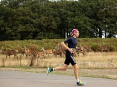Runner runs past a herd of deer