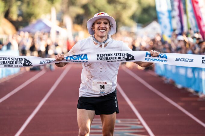 Tom Evans crosses the finish line of the Western States 100