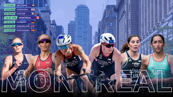 Image shows six of the female athletes racing on Saturday, as a montage of their torsos superimposed onto a backdrop of the city of Montreal