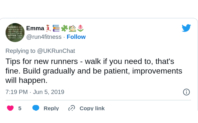 tweet explaining you should walk if you need to, tips for beginner runners