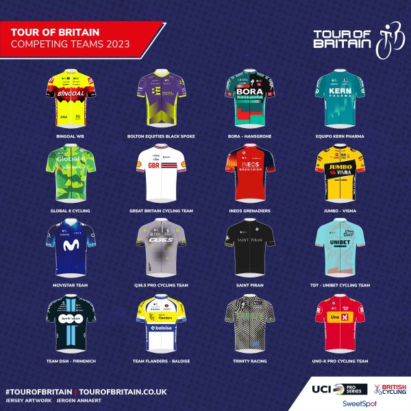 The sixteen jersey designs of the competing teams