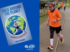 Image shows book cover with Doug running in front of a globe, and the words Once Around The Planet. On the right is a photo of Doug dressed in an orange T-shirt and black shorts, during one of his runs.