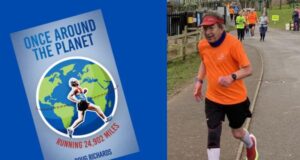 Image shows book cover with Doug running in front of a globe, and the words Once Around The Planet. On the right is a photo of Doug dressed in an orange T-shirt and black shorts, during one of his runs.