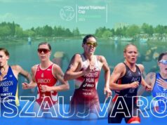 A montage of the 5 top female triathletes in the race; all are pictured as head and torso, running towards the camera.