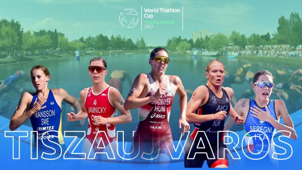 A montage of the 5 top female triathletes in the race; all are pictured as head and torso, running towards the camera.