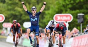 Gonzalo Serrano holds his hands aloft as he wins stage four of the 2022 Tour of Britain