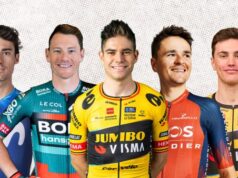 The head and shoulders of 5 cyclists as a montage