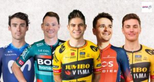 The head and shoulders of 5 cyclists as a montage