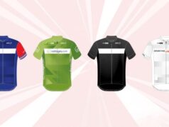 Four jerseys are shown, from left to right, a blue one with red sleeves and a white band across the middle; a green one with a white band across the middle; a black one with a white band across the middle; and a white one.