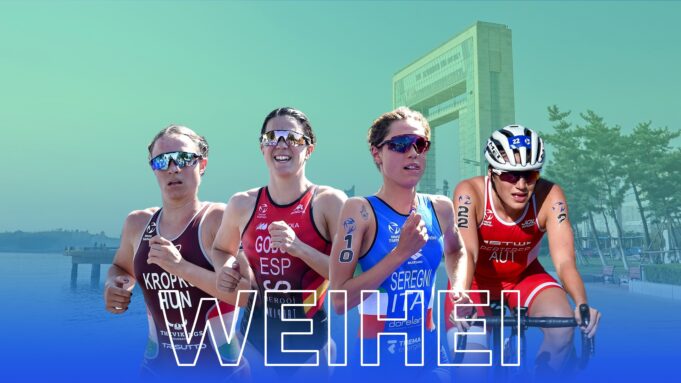 A montage of 4 female triathletes with the cityscape of Weihei behind them, and the word WEIHEI across the lower centre of the image.