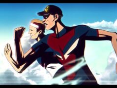 Animated image of two triathletes running head to head.