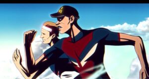 Animated image of two triathletes running head to head.