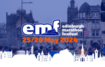 mage shows text against a backdrop of Edinbugh skyline. Text reads: emf Edinburgh Marathon Festival 25/26 May 2024