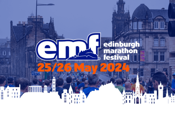 mage shows text against a backdrop of Edinbugh skyline. Text reads: emf Edinburgh Marathon Festival 25/26 May 2024