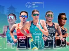 Montage of 5 female triathletes burst out of the photo. The word CHENGDU is written along the bottom of the image.