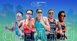 Montage of 5 female triathletes burst out of the photo. The word CHENGDU is written along the bottom of the image.