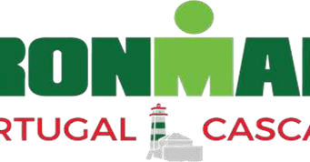 IRONMAN Portugal Cascais logo has green and red writing and a drawing of a lighthouse