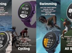 A montage showing different displays on the Suunto watch for Running, Cycling, Swimming and all sports