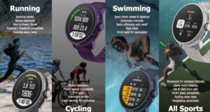 A montage showing different displays on the Suunto watch for Running, Cycling, Swimming and all sports