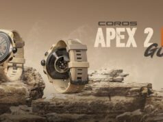 Two watches sit atop rocks in a desert landscape. text on image reads COROS APEX 2 PRO GOBI