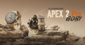Two watches sit atop rocks in a desert landscape. text on image reads COROS APEX 2 PRO GOBI
