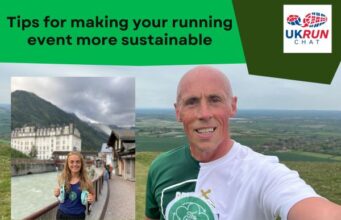 Photo shows two images, one of man taking a selfie in front of an open, green landscape, he's wearing a green and white T-shirt; the other of a woman wearing running kit, with a mountainous landscape behind her. Text on image reads Tips for making your running event more sustainable.