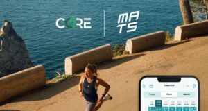A female runner on a coastal path. An image of an app monitoring various metrics is overlaid onto the image.