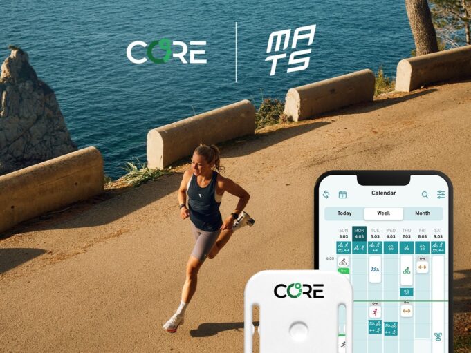 A female runner on a coastal path. An image of an app monitoring various metrics is overlaid onto the image.
