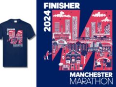 Image shows Manchester Marathon T-shirt design which is a pink M, on a navy background, with images of the city inside it. Writing says 2024 Finisher, Manchester Marathon. On the left is also a mock up of the T-shirt, which is a dark navy colour
