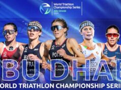 Montage on a blue background of five female traithletes. Words read Abu Dhabi World Championship Series