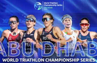 Montage on a blue background of five female traithletes. Words read Abu Dhabi World Championship Series