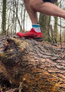 Red shoe-d foot runs over a large tree truck on its side