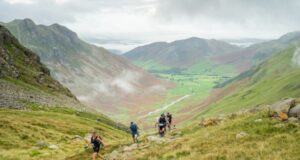 Runners meander through a green valley