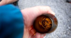 A small mouse is asleep inside a glass bottle