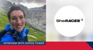 A female runner in a blue jacket smiles at the camera. Graphic also shows SheRACES logo and the words Interview with Sophie Power: Making races more inclusive for women.