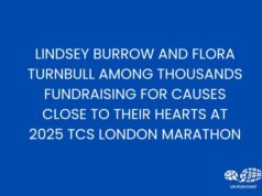 White text on Blue background: Lindsey Burrow and Flora Turnbull among thousands fundraising for causes close to their hearts at 2025 TCS London Marathon