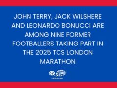 White text on blue background reads: John Terry, Jack Wilshere and Leonardo Bonucci are among nine former footballers taking part in the 2025 TCS London Marathon