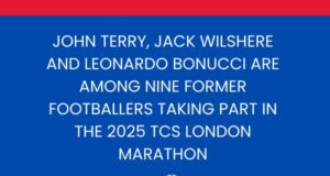 White text on blue background reads: John Terry, Jack Wilshere and Leonardo Bonucci are among nine former footballers taking part in the 2025 TCS London Marathon