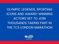 White text on blue background: OLYMPIC LEGENDS, SPORTING ICONS AND AWARD-WINNING ACTORS SET TO JOIN THOUSANDS TAKING PART IN THE TCS LONDON MARATHON